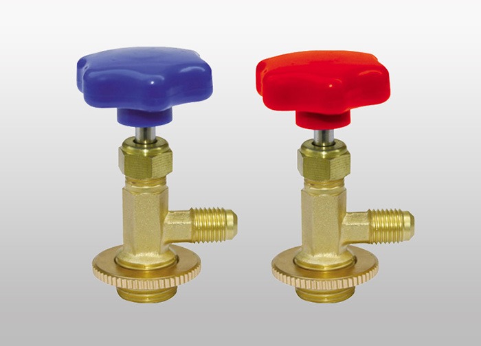 Refrigerant charging valve pair, blue/red (brass ball-valve fittings)
